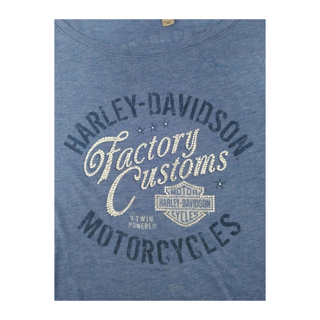 1653 Harley Davidson Women's Bedazzled Factory Customs Long Sleeve T Shirt Blue 2XL