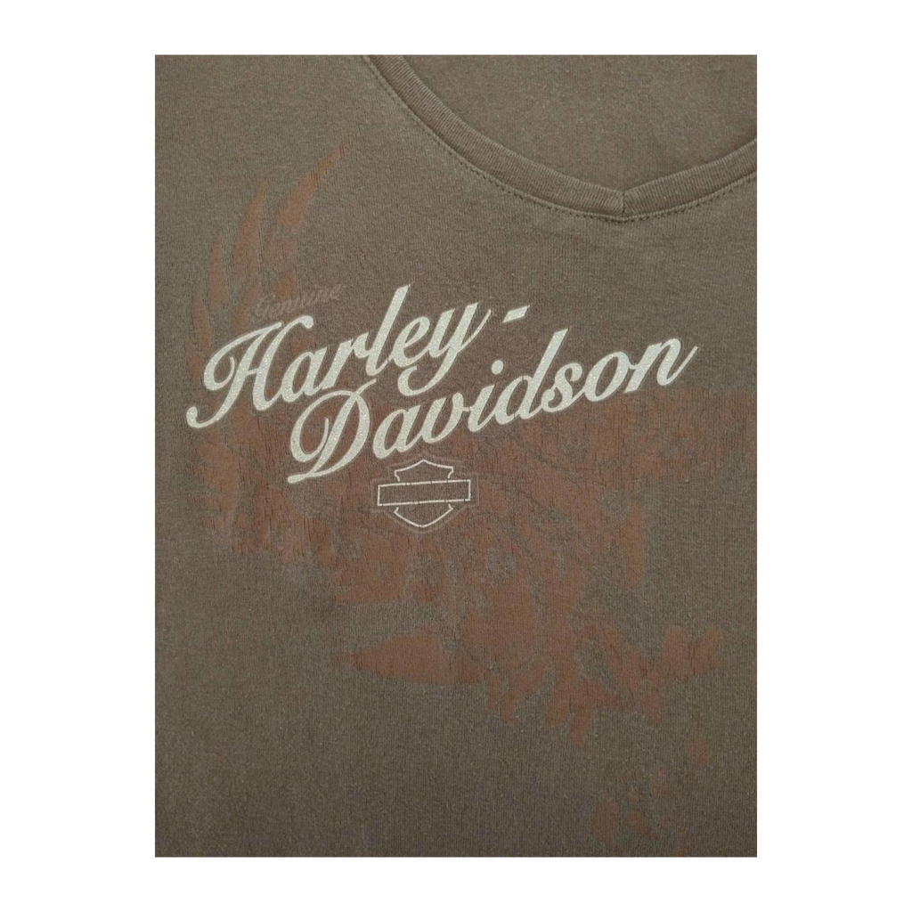1699 Harley Davidson Women's Eagle Logo V Neck Short Sleeve T Shirt Brown 2XL