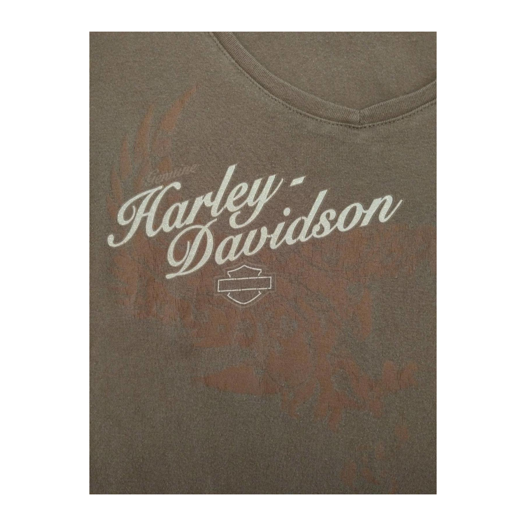 1699 Harley Davidson Women's Eagle Logo V Neck Short Sleeve T Shirt Brown 2XL