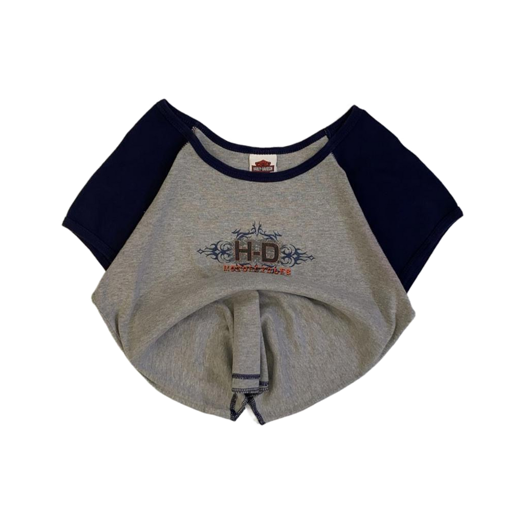 1693 Harley Davidson Women's Y2K Cybersigil Logo Short Sleeve Baseball T Shirt Grey XL
