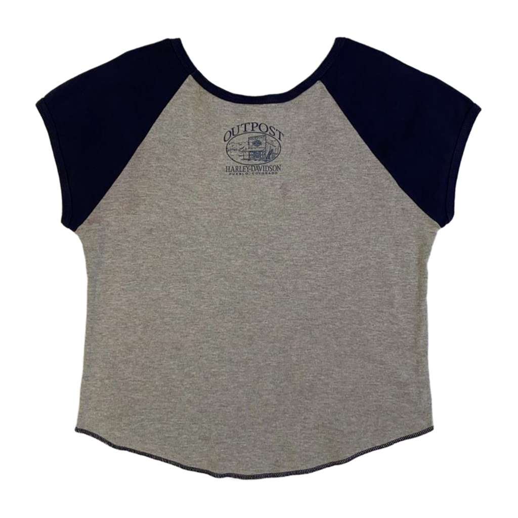 1693 Harley Davidson Women's Y2K Cybersigil Logo Short Sleeve Baseball T Shirt Grey XL
