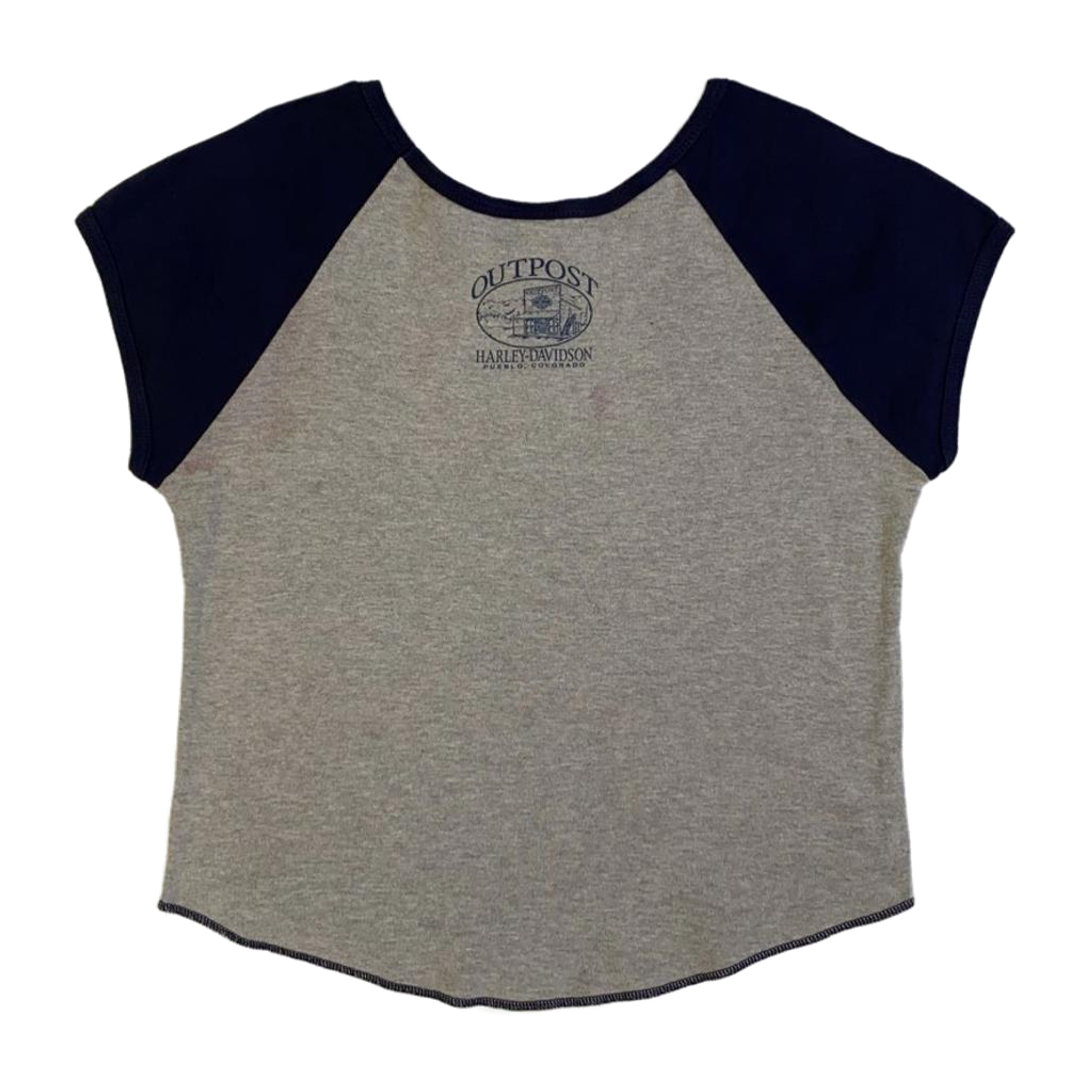 1693 Harley Davidson Women's Y2K Cybersigil Logo Short Sleeve Baseball T Shirt Grey XL