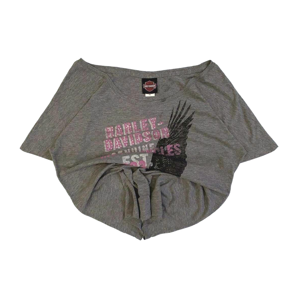 1682 Harley Davidson Women's Bedazzled Eagle Graphic Short Sleeve T Shirt Grey 2XL