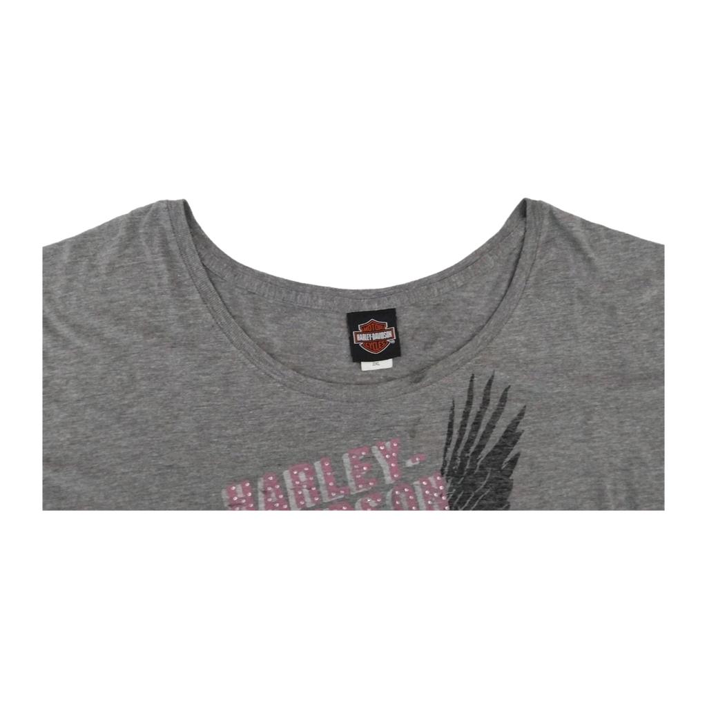1682 Harley Davidson Women's Bedazzled Eagle Graphic Short Sleeve T Shirt Grey 2XL