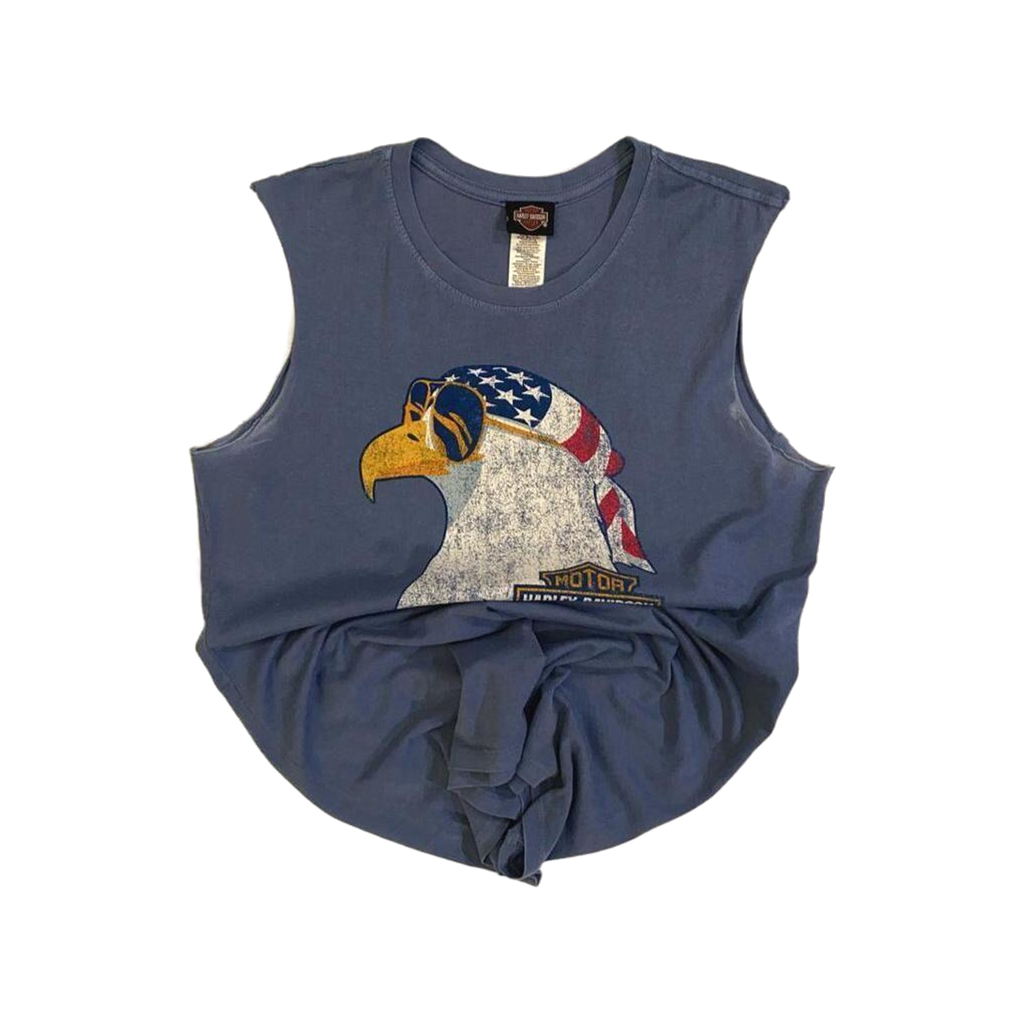 1680 Harley Davidson Women's American Flag Eagle Sleeveless Muscle T Slate Blue M