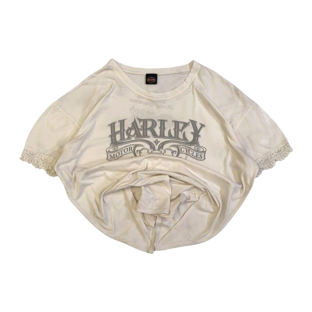 1592 Harley Davidson Women's Vintage Logo Lace Trim Short Sleeve T Shirt White 2XL