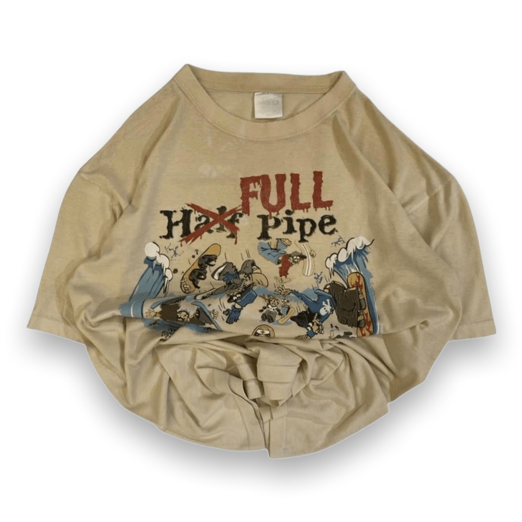 Med Men's Full Pipe 1990's Skateboard Graphic Short Sleeve T Shirt Beige M