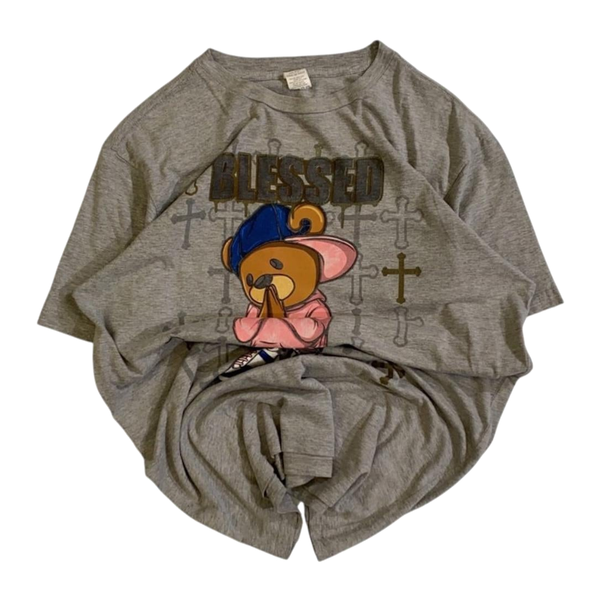 0055 BLESSED Y2K Hip Hop Baggy Graphic Short Sleeve T Shirt Grey L