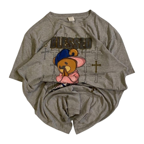 0055 BLESSED Y2K Hip Hop Baggy Graphic Short Sleeve T Shirt Grey L