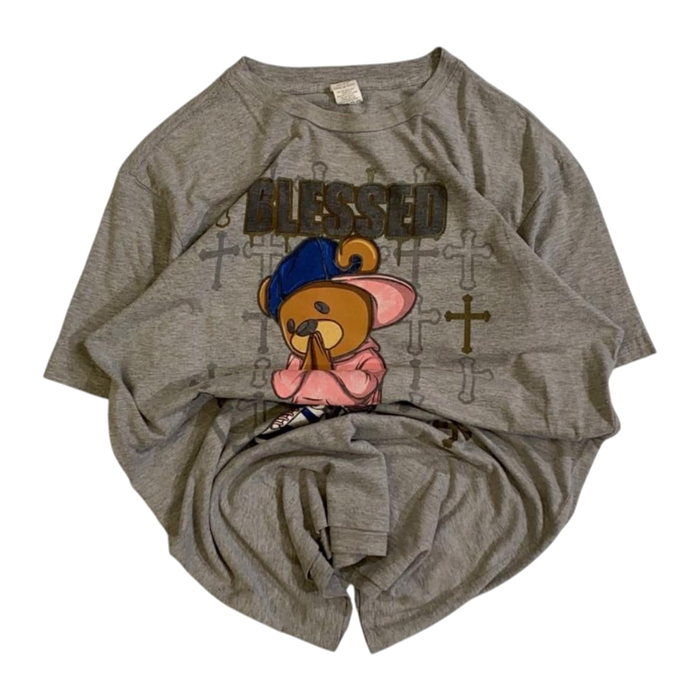 BLESSED Y2K Hip Hop Baggy Graphic Short Sleeve T Shirt Grey L