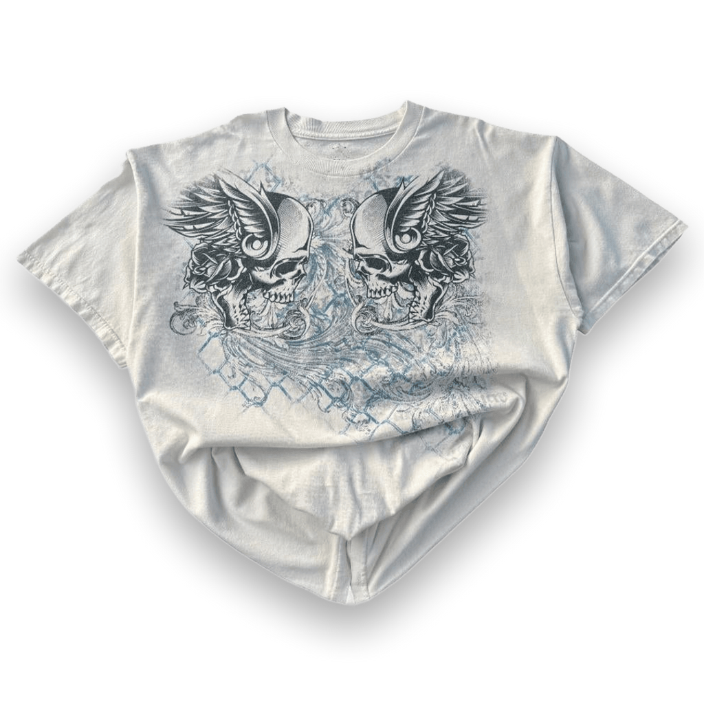 Skulls on a Mesh Fence Affliction Style Y2K Graphic T-Shirt White XXL