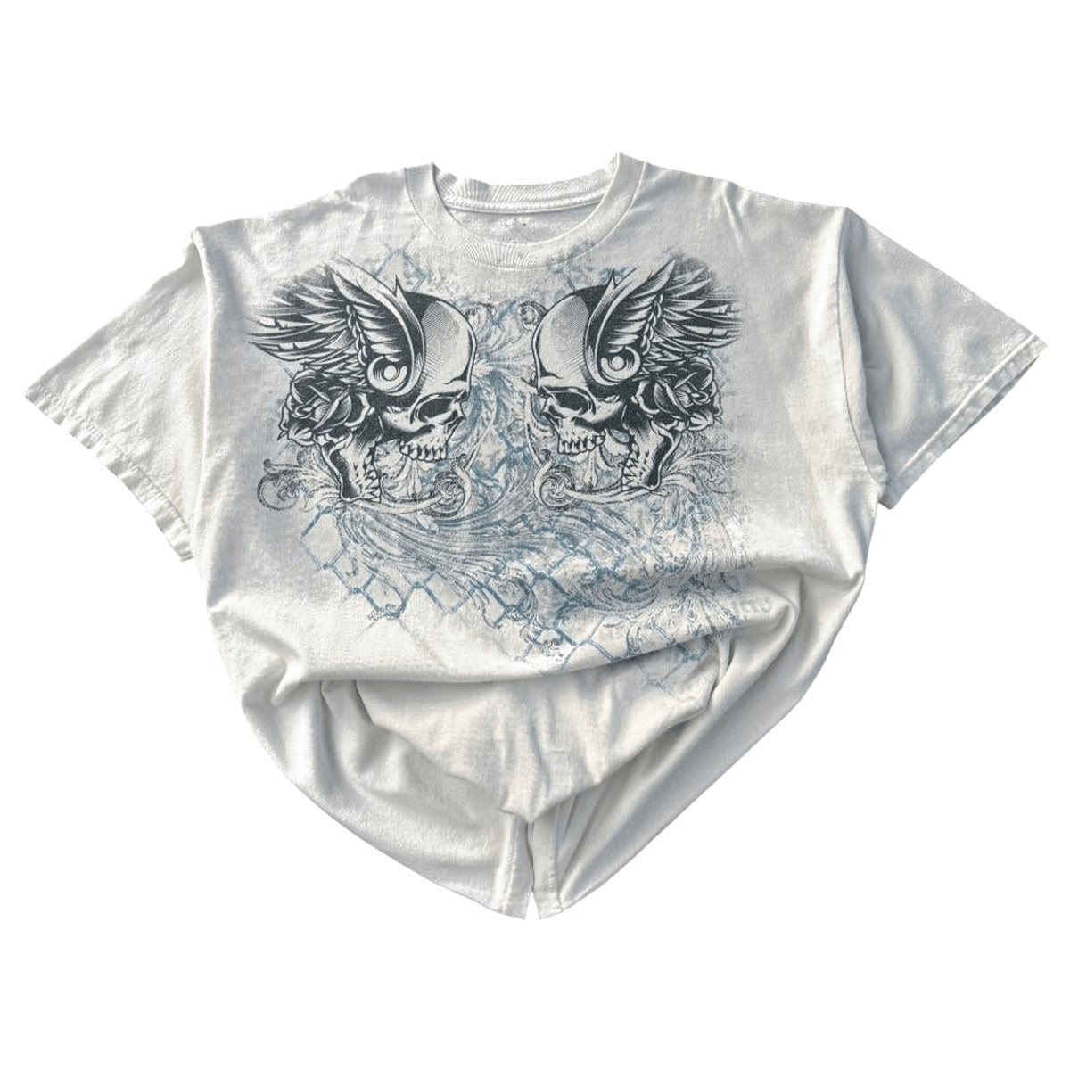 Skulls on a Mesh Fence Affliction Style Y2K Graphic T-Shirt White XXL