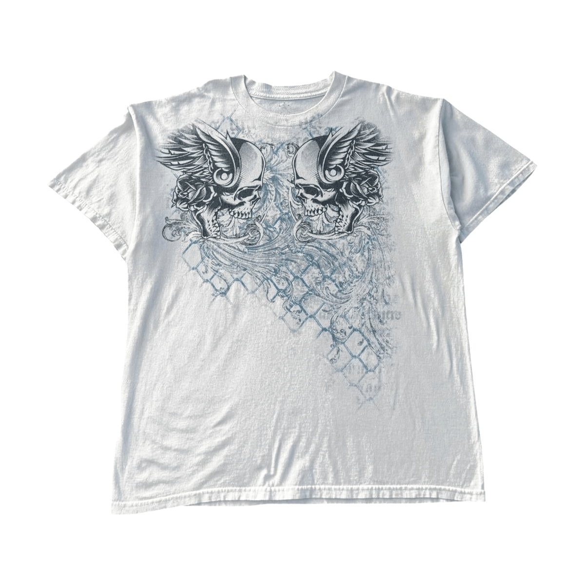 Skulls on a Mesh Fence Affliction Style Y2K Graphic T-Shirt White XXL