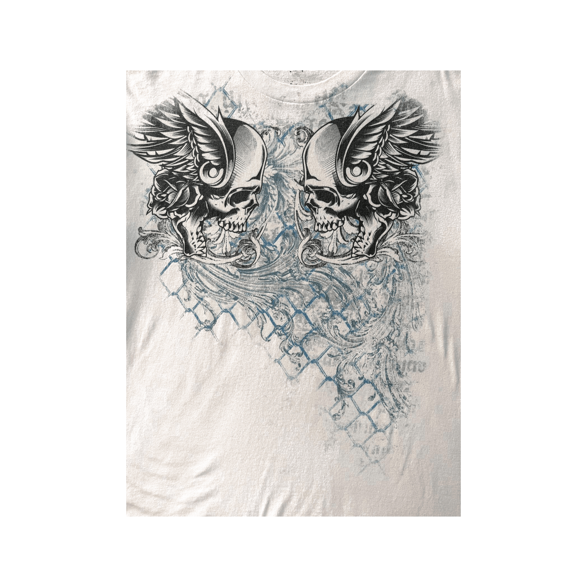 Skulls on a Mesh Fence Affliction Style Y2K Graphic T-Shirt White XXL
