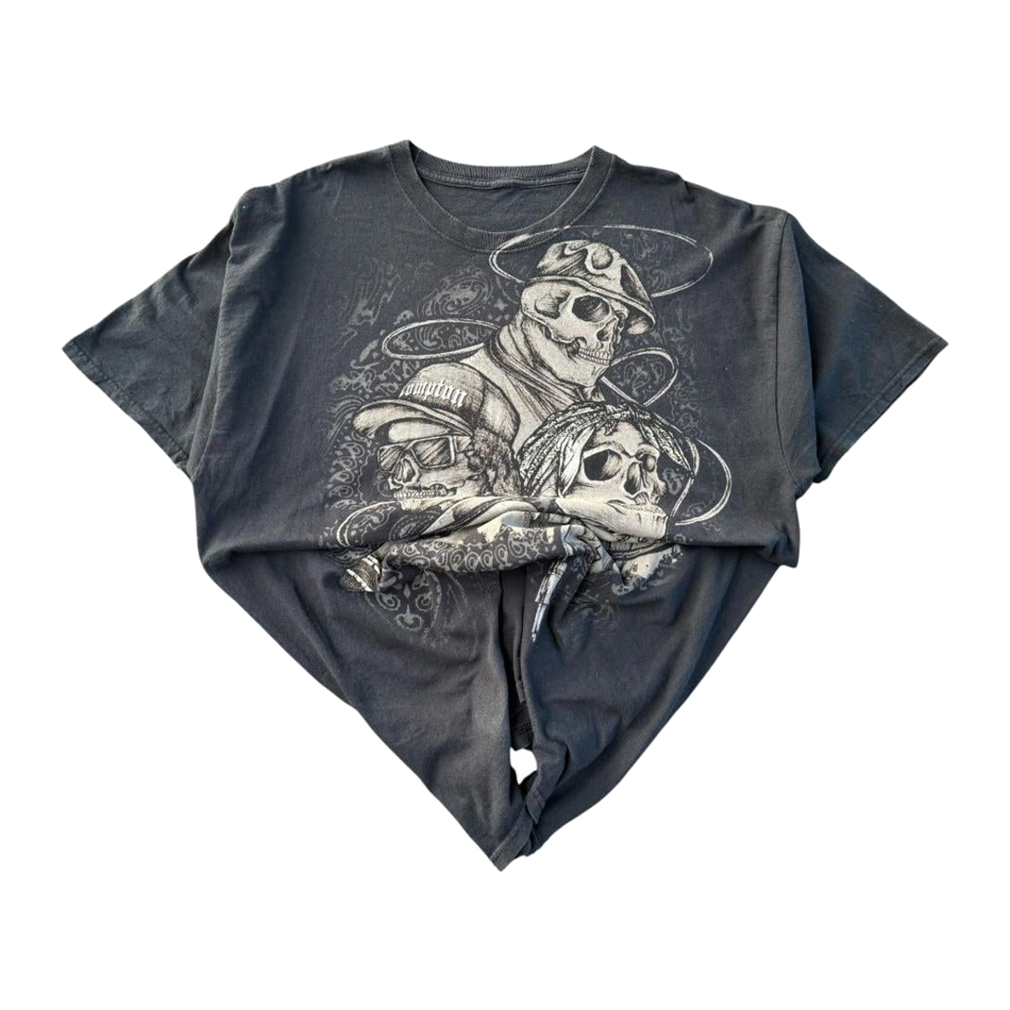 90s Vintage Compton Graffiti Style Skulls Graphic Short Sleeve T-Shirt Black L