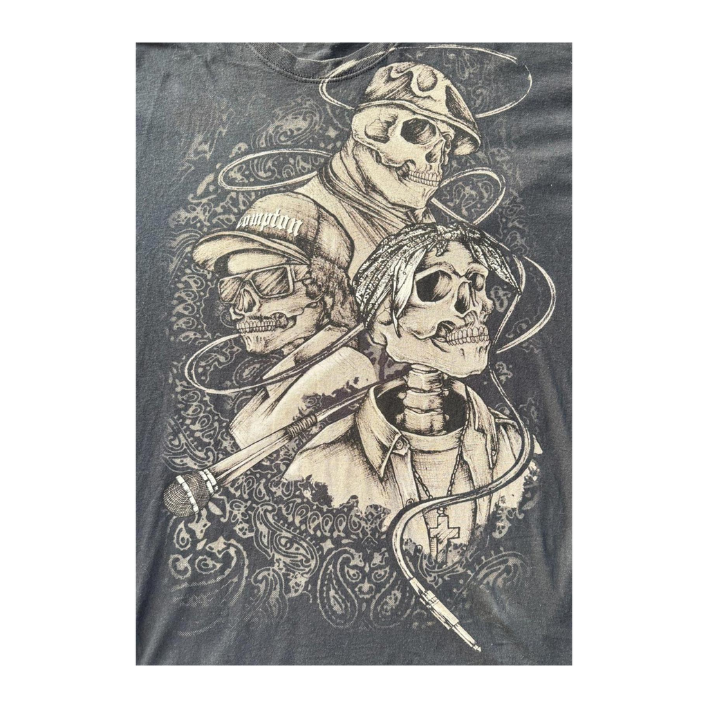 90s Vintage Compton Graffiti Style Skulls Graphic Short Sleeve T-Shirt Black L
