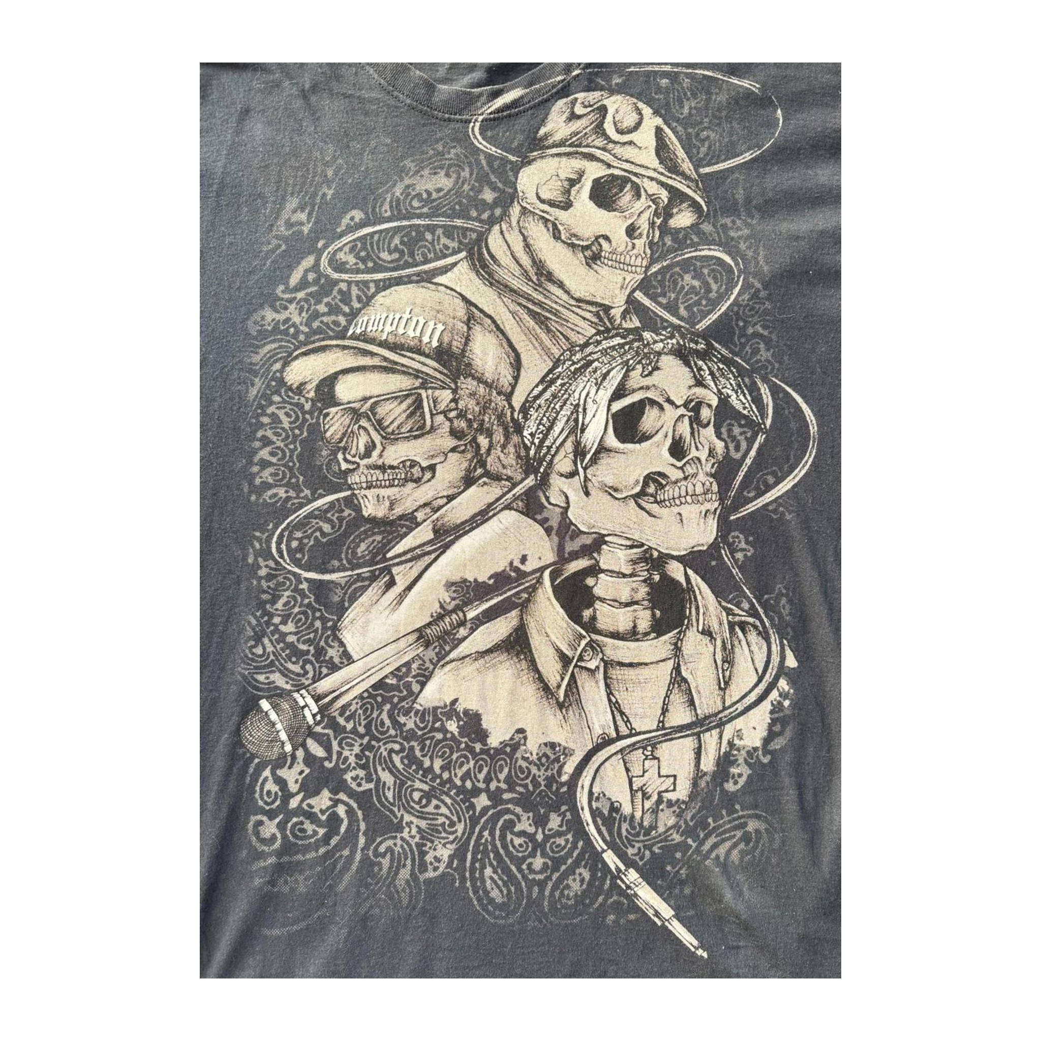90s Vintage Compton Graffiti Style Skulls Graphic Short Sleeve T-Shirt Black L