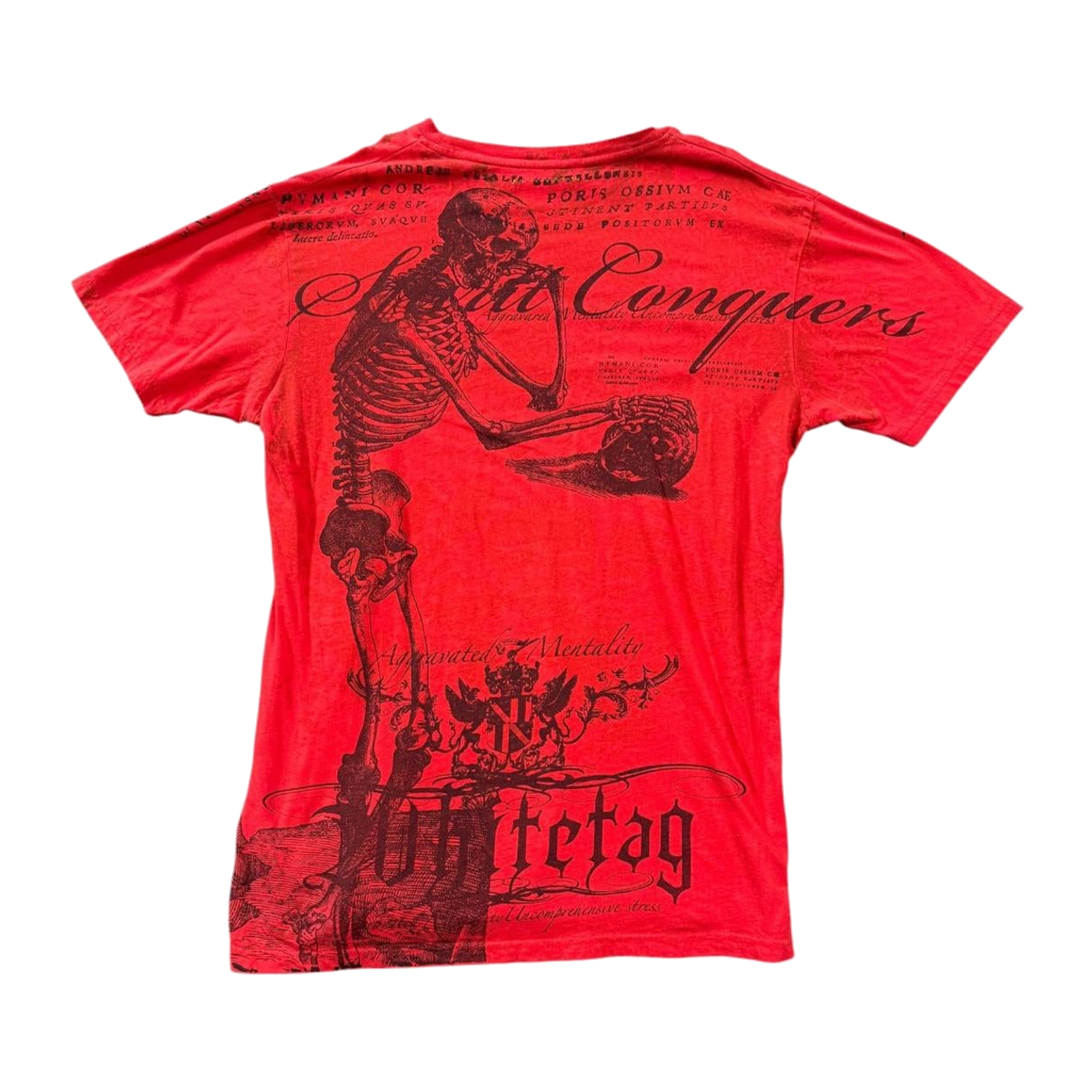 Aggravated Mentality Skeleton Skull Graphic Print Y2K Short Sleeve T-Shirt Red L
