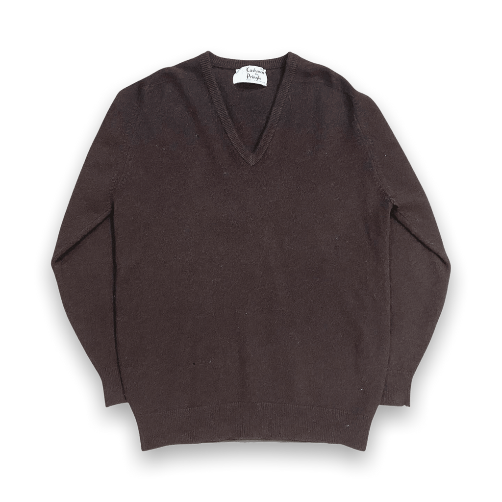 Pringle True Vintage 1980s Made in Scotland Men's Cashmere V Neck Sweater Brown M
