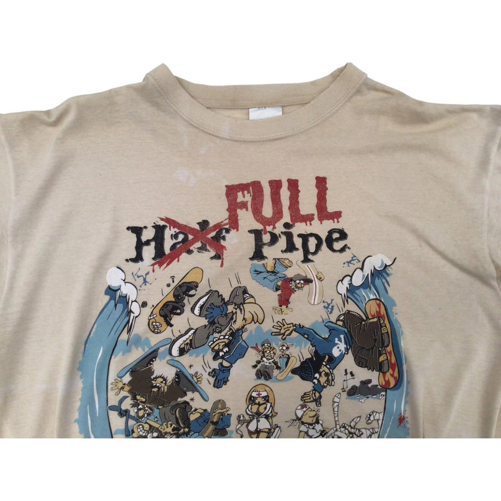 Med Men's Full Pipe 1990's Skateboard Graphic Short Sleeve T Shirt Beige M
