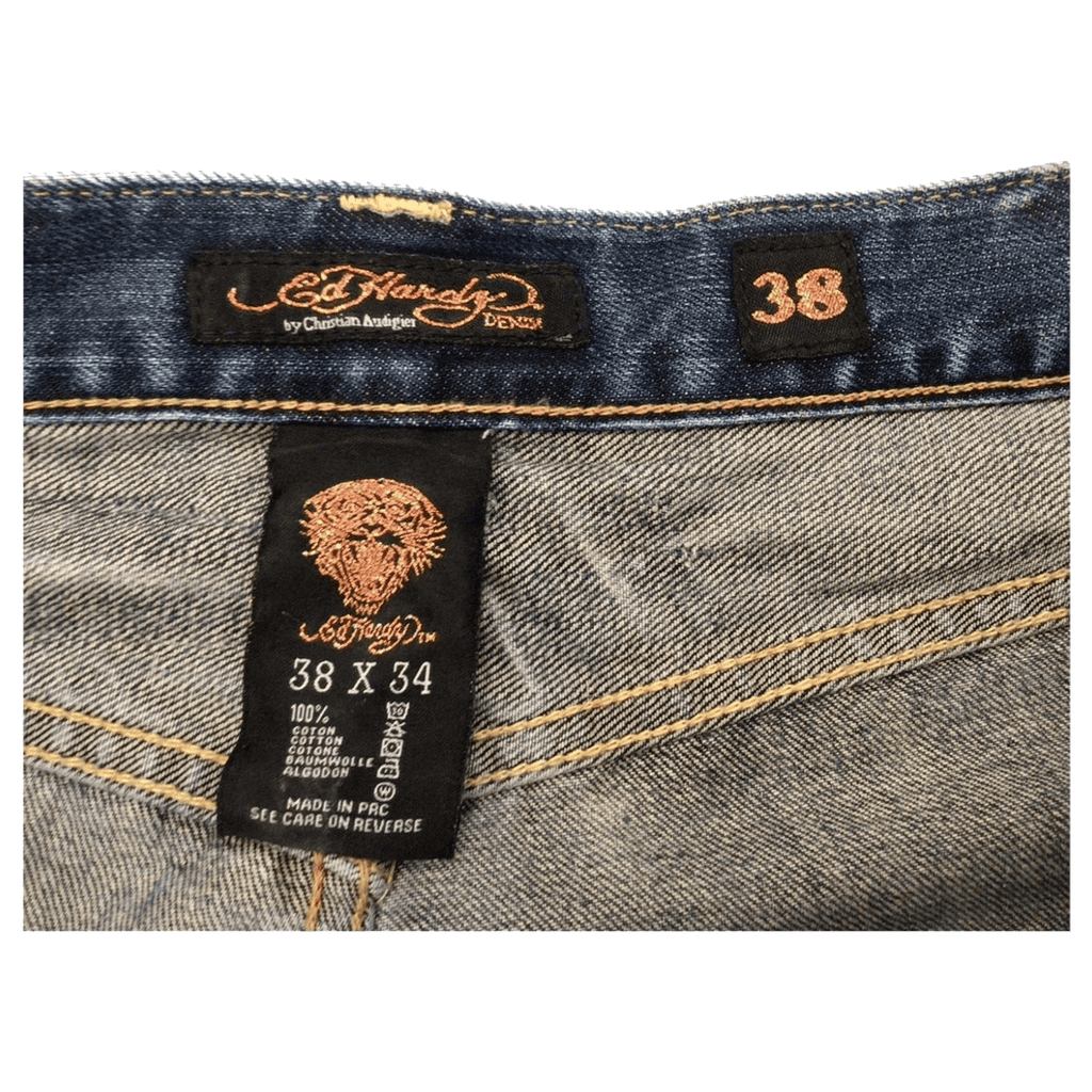 Ed Hardy Y2K Embroidered Distressed Denim Jeans W38 L34