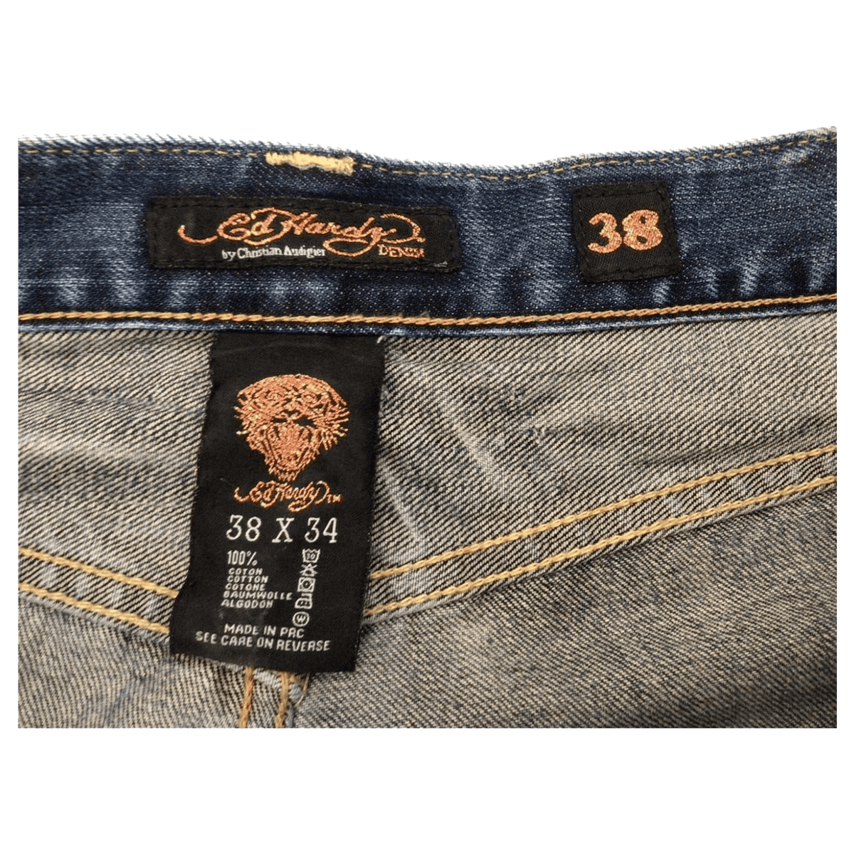Ed Hardy Y2K Embroidered Distressed Denim Jeans W38 L34