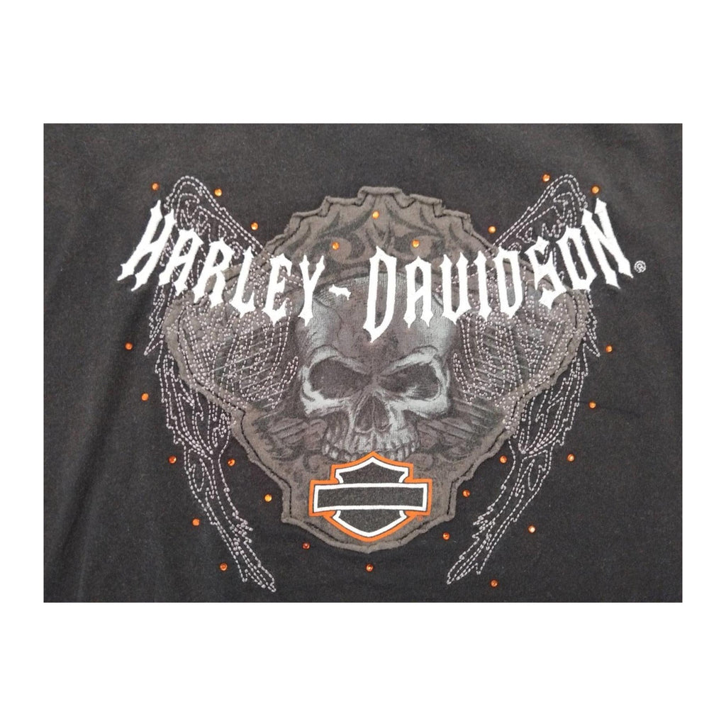 vinatge Harley Davidson Women's Rhinestone Skull Short Sleeve T Shirt Black 2XL
