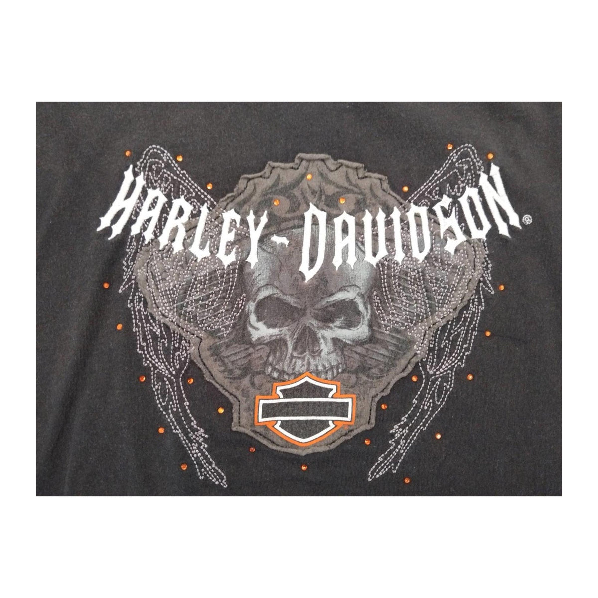 vinatge Harley Davidson Women's Rhinestone Skull Short Sleeve T Shirt Black 2XL