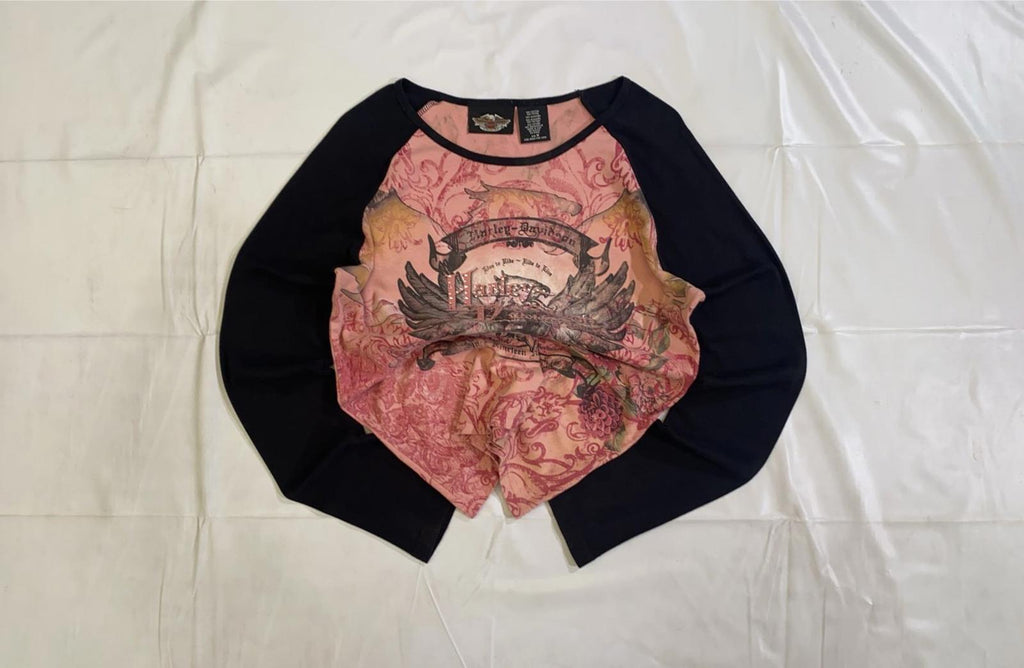 Harley Davidson Y2K Airbrush Tattoo Style Baseball T Shirt Pink M