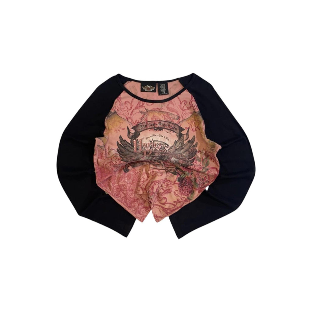 Harley Davidson Y2K Airbrush Tattoo Style Baseball T Shirt Pink M