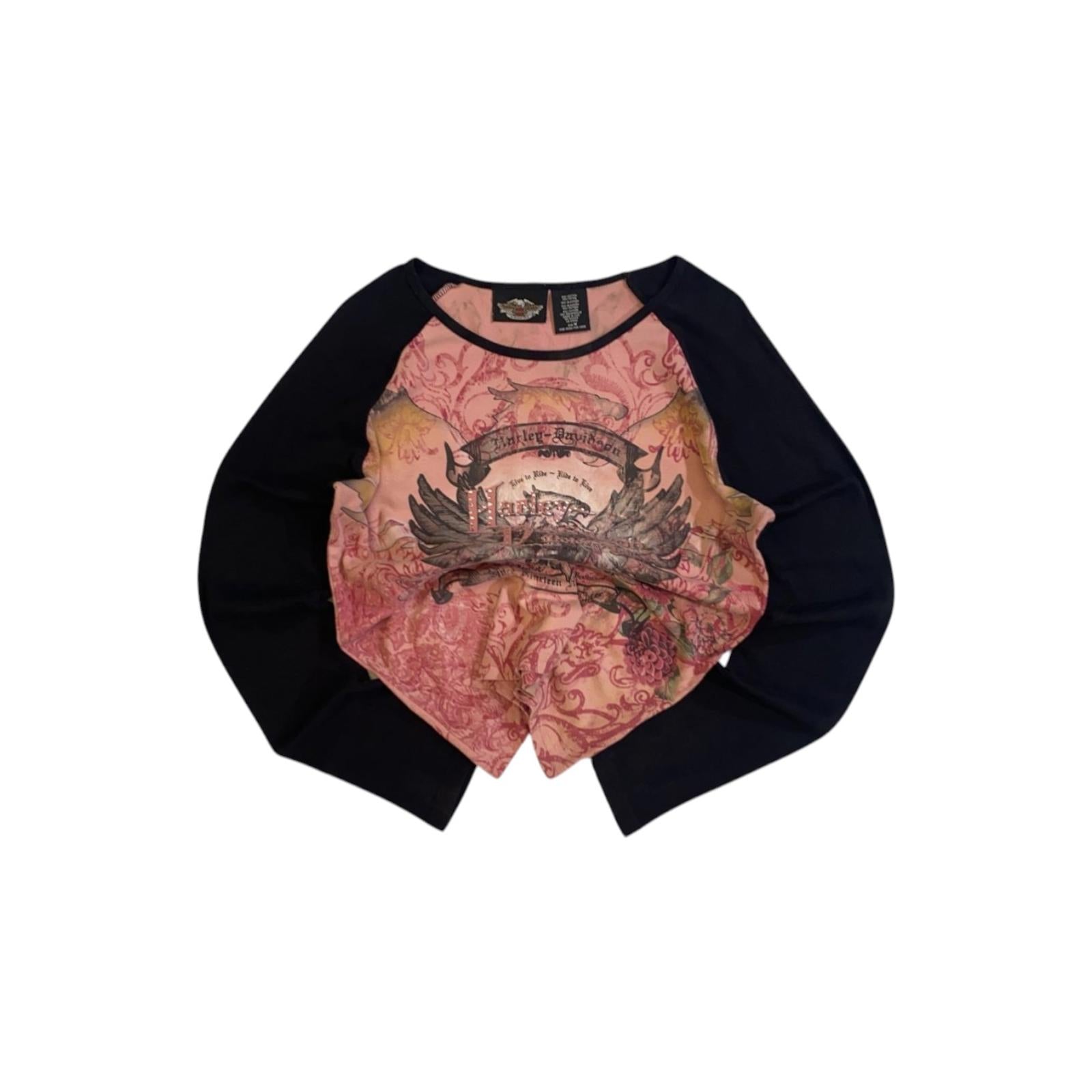 Harley Davidson Y2K Airbrush Tattoo Style Baseball T Shirt Pink M