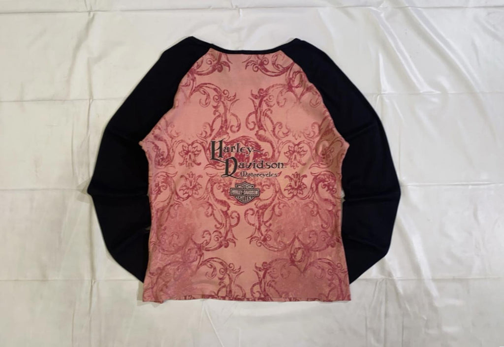 Harley Davidson Y2K Airbrush Tattoo Style Baseball T Shirt Pink M