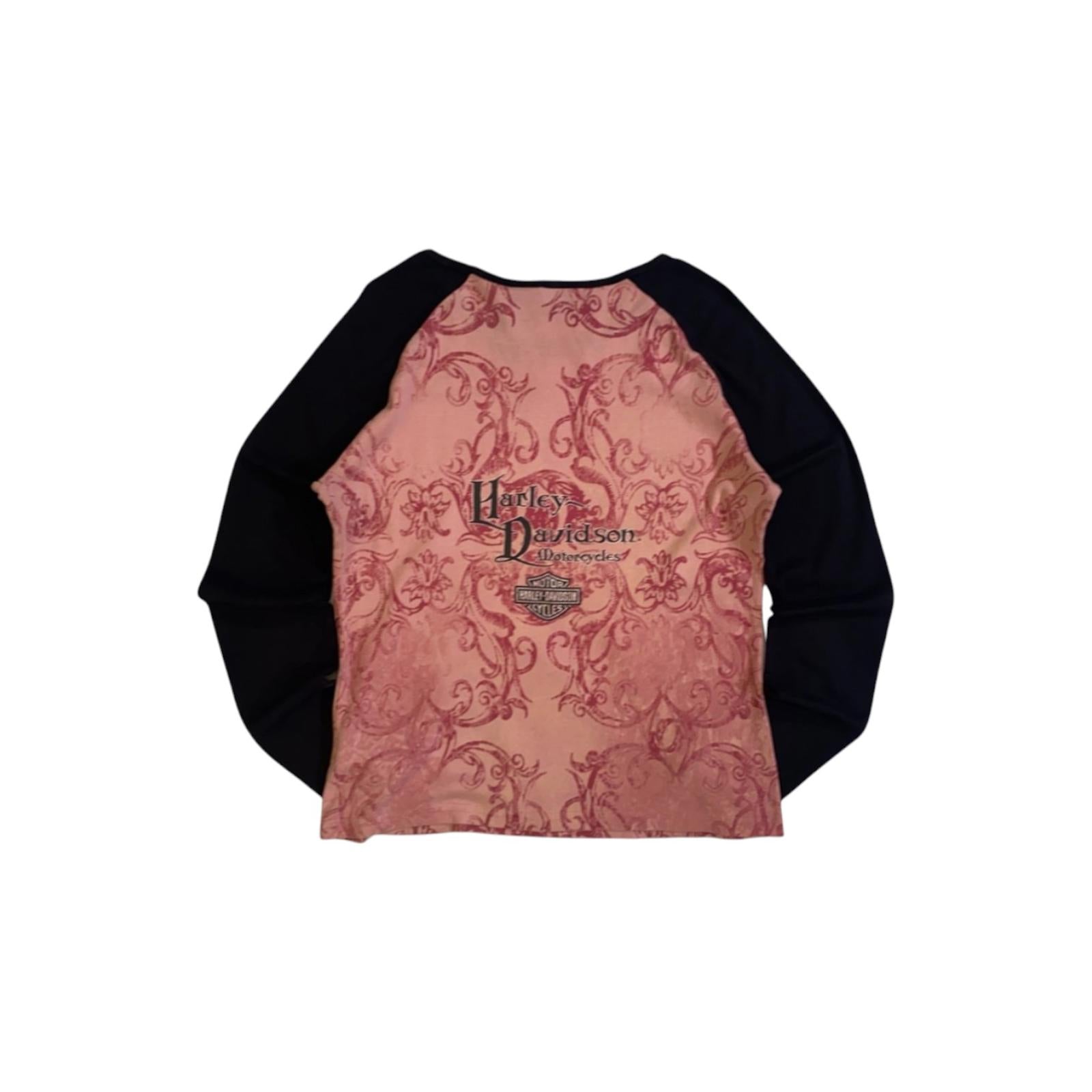 Harley Davidson Y2K Airbrush Tattoo Style Baseball T Shirt Pink M
