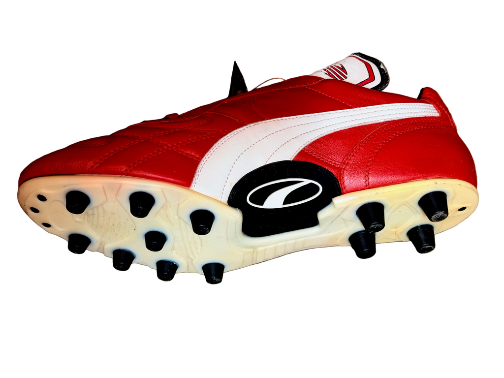 Vintage Puma King OG football boots in red/white, signed on both boots.