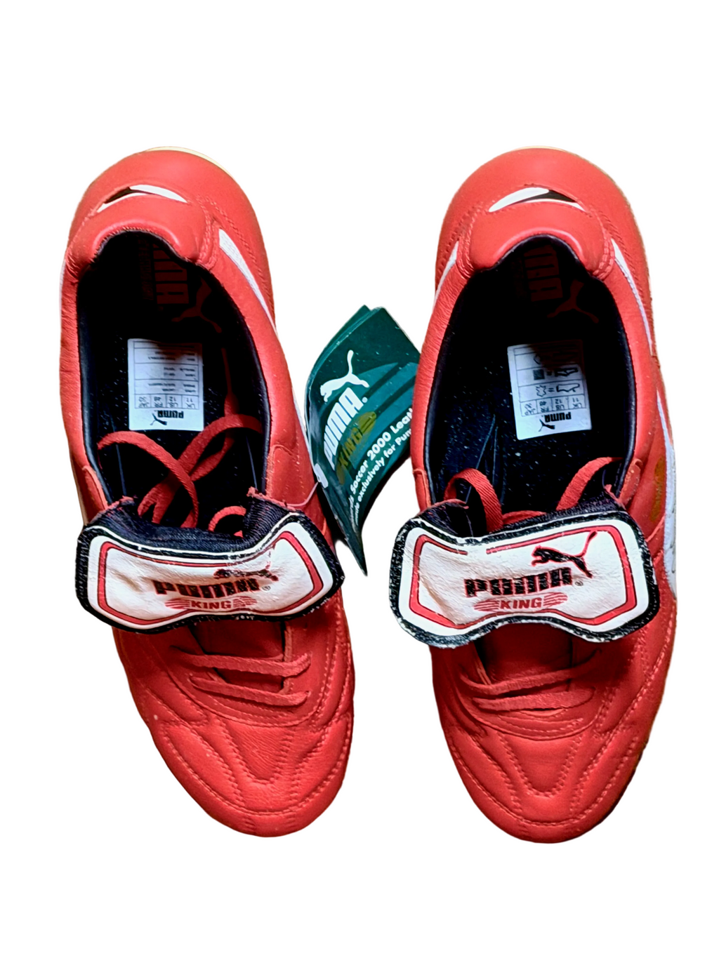 Vintage Puma King OG football boots in red/white, signed on both boots.