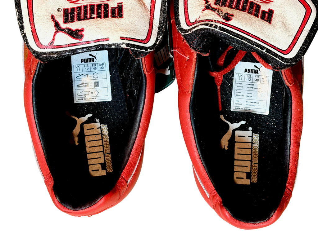Vintage Puma King OG football boots in red/white, signed on both boots.