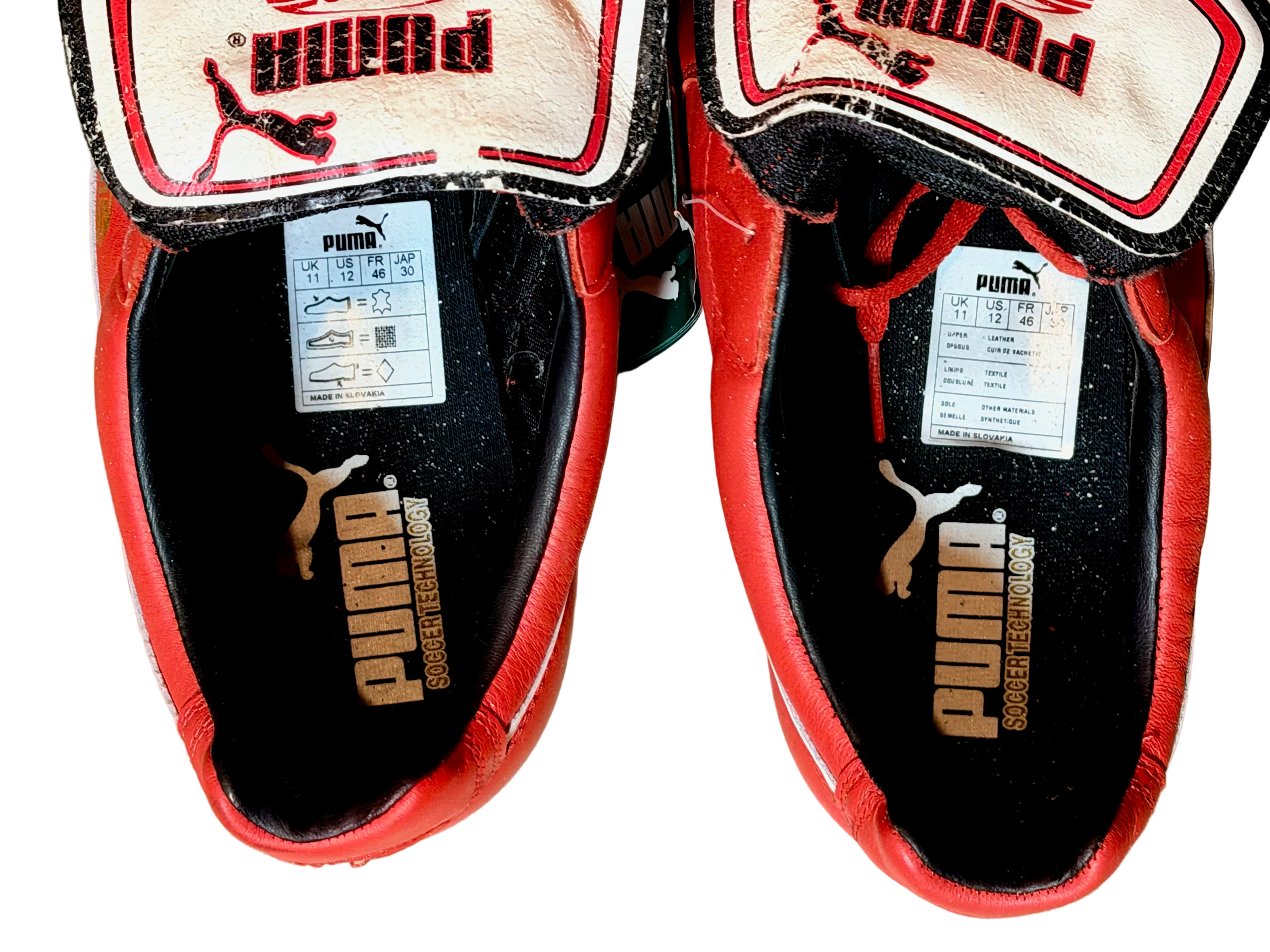 Vintage Puma King OG football boots in red/white, signed on both boots.
