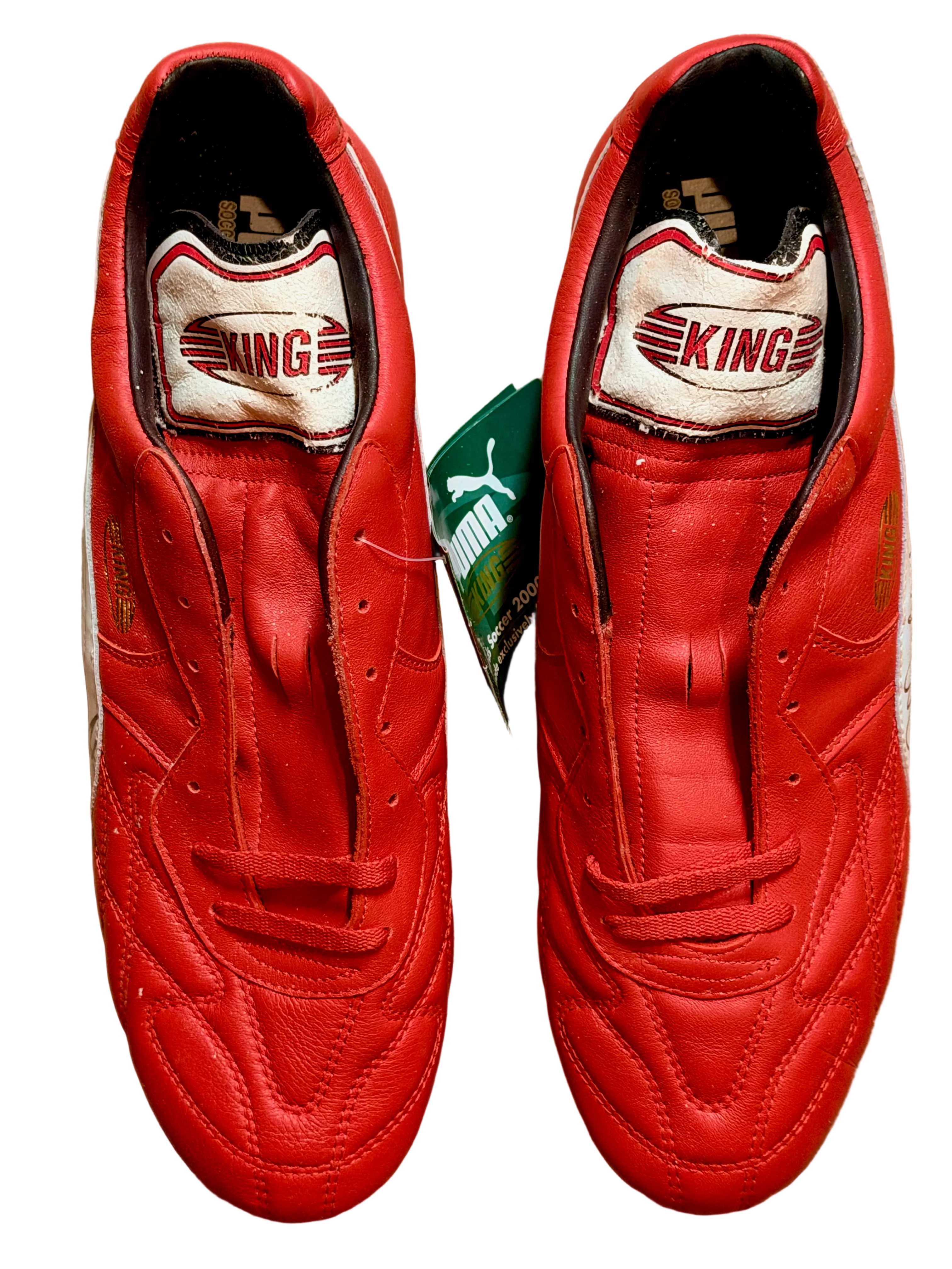 Vintage Puma King OG football boots in red/white, signed on both boots.