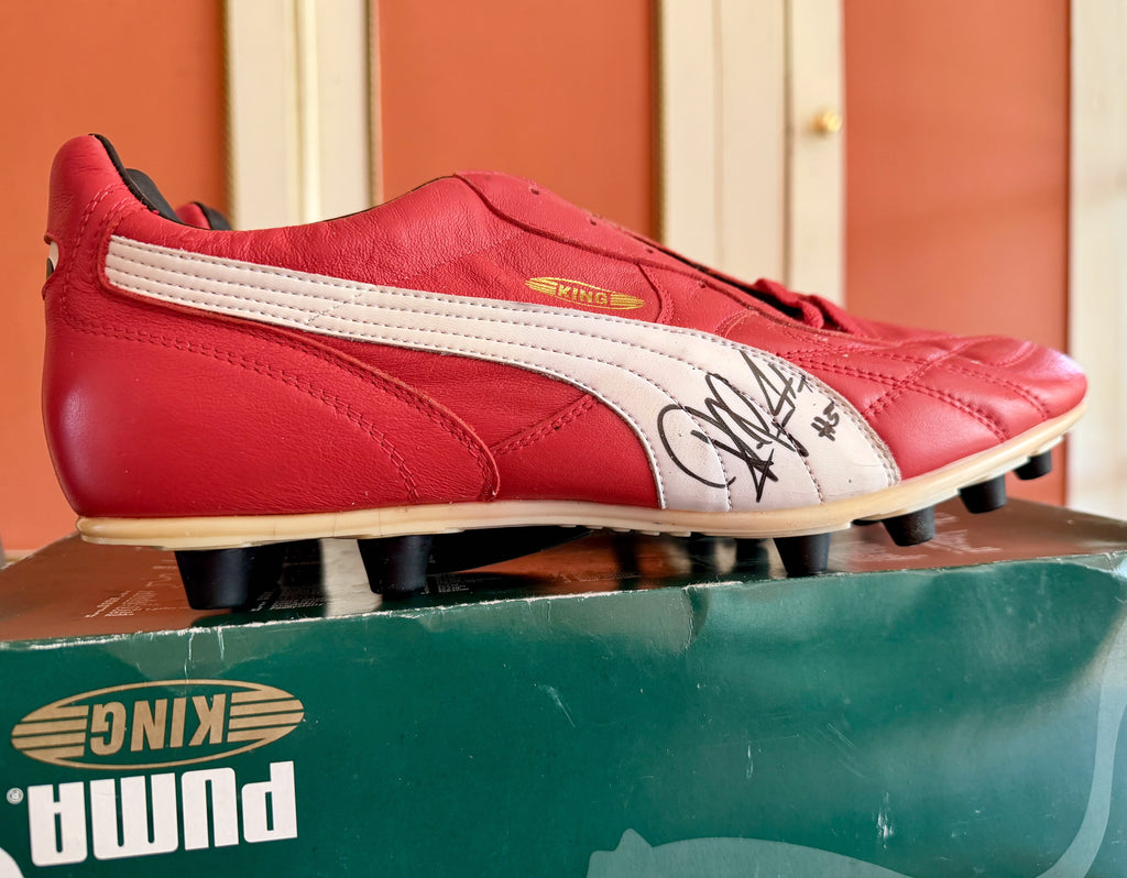Vintage Puma King OG football boots in red/white, signed on both boots.