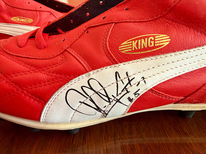 Vintage Puma King OG football boots in red/white, signed on both boots.