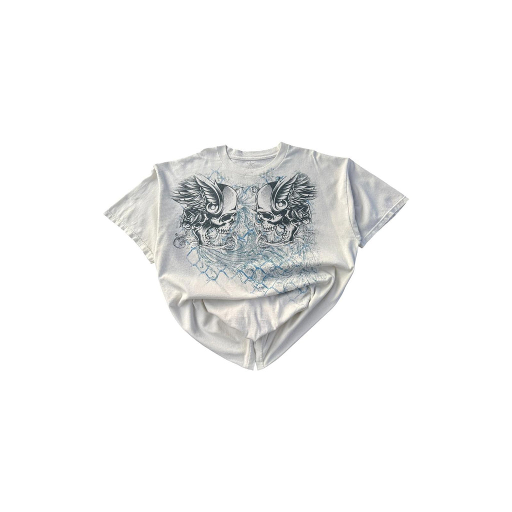 Skulls on a Mesh Fence Affliction Style Y2K Graphic T-Shirt White XXL