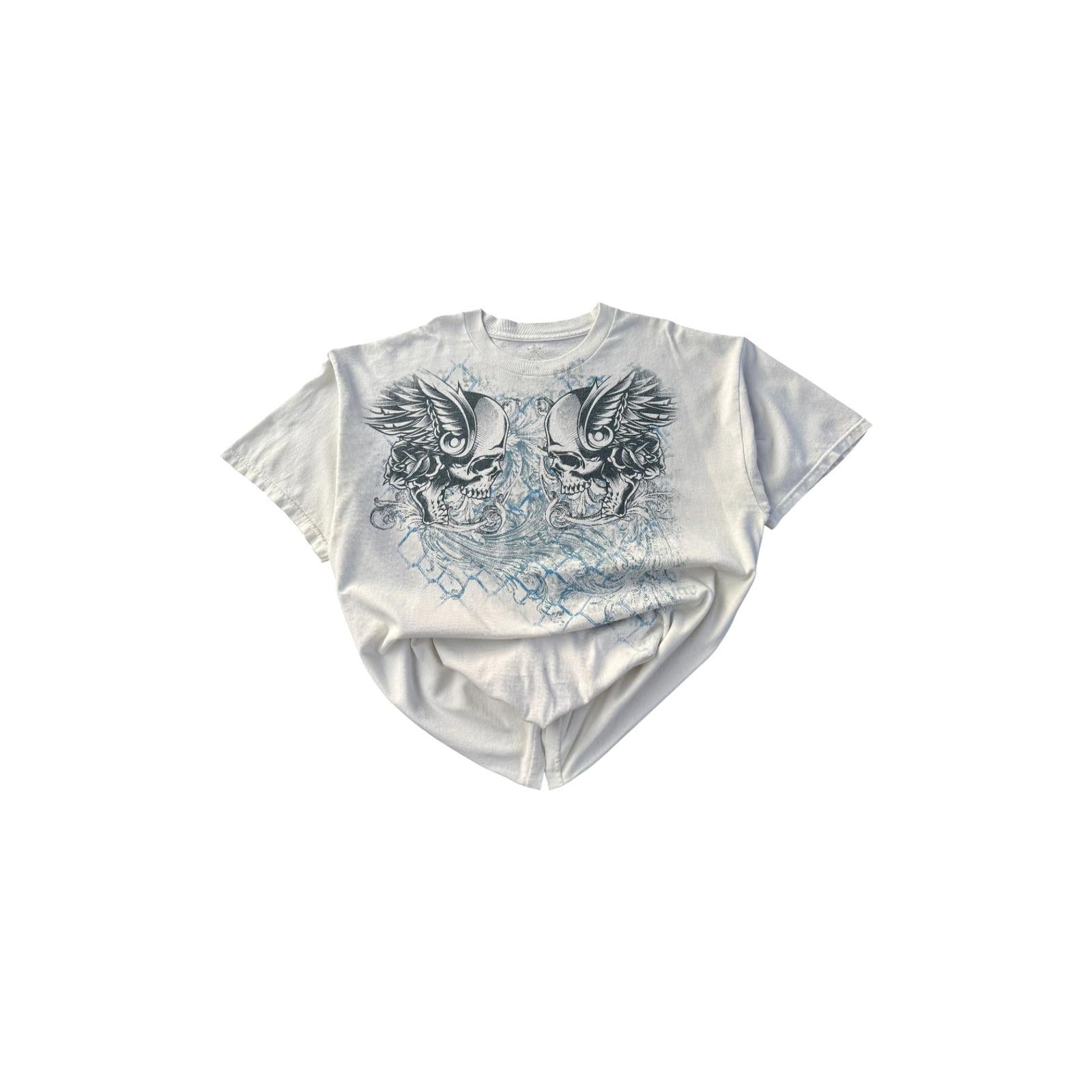 Skulls on a Mesh Fence Affliction Style Y2K Graphic T-Shirt White XXL