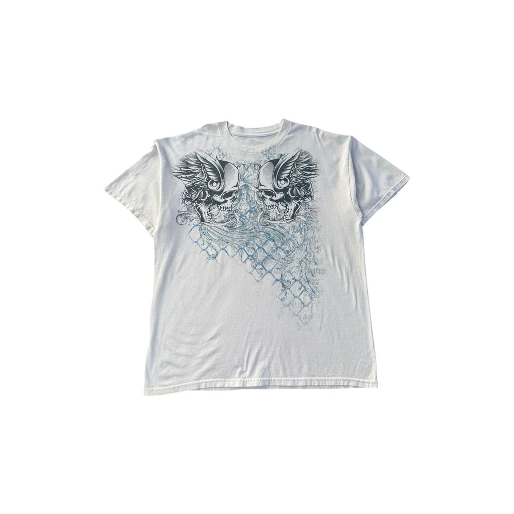 Skulls on a Mesh Fence Affliction Style Y2K Graphic T-Shirt White XXL