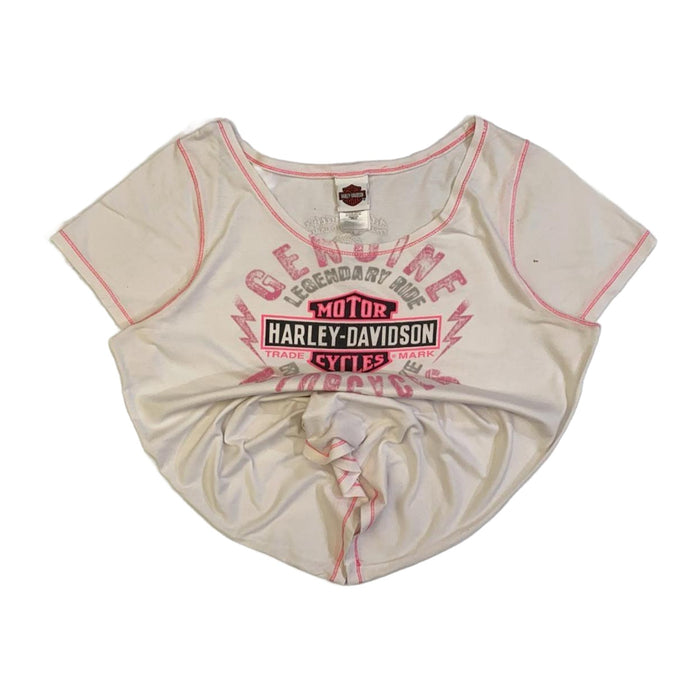 Harley Davidson Flame Skull Pink Stitch Baby Doll T Shirt White XL