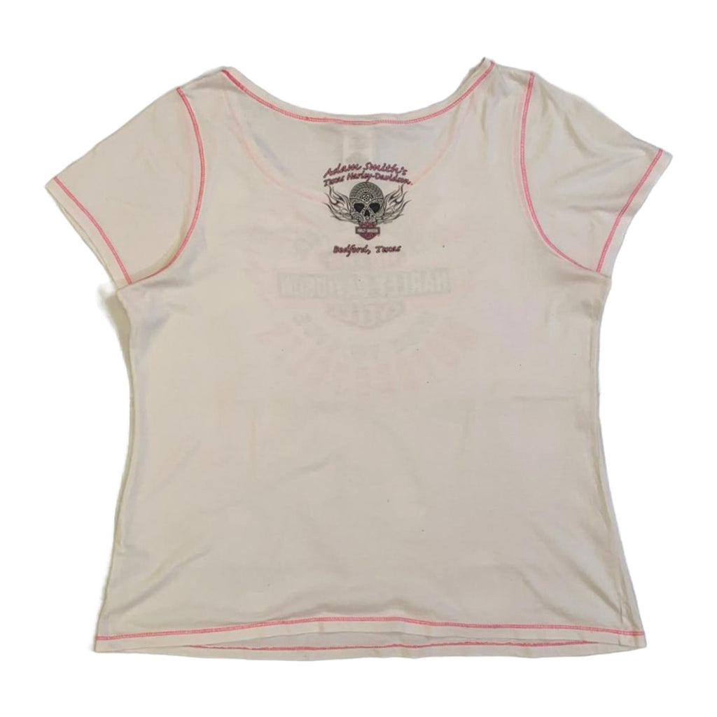 Harley Davidson Flame Skull Pink Stitch Baby Doll T Shirt White XL