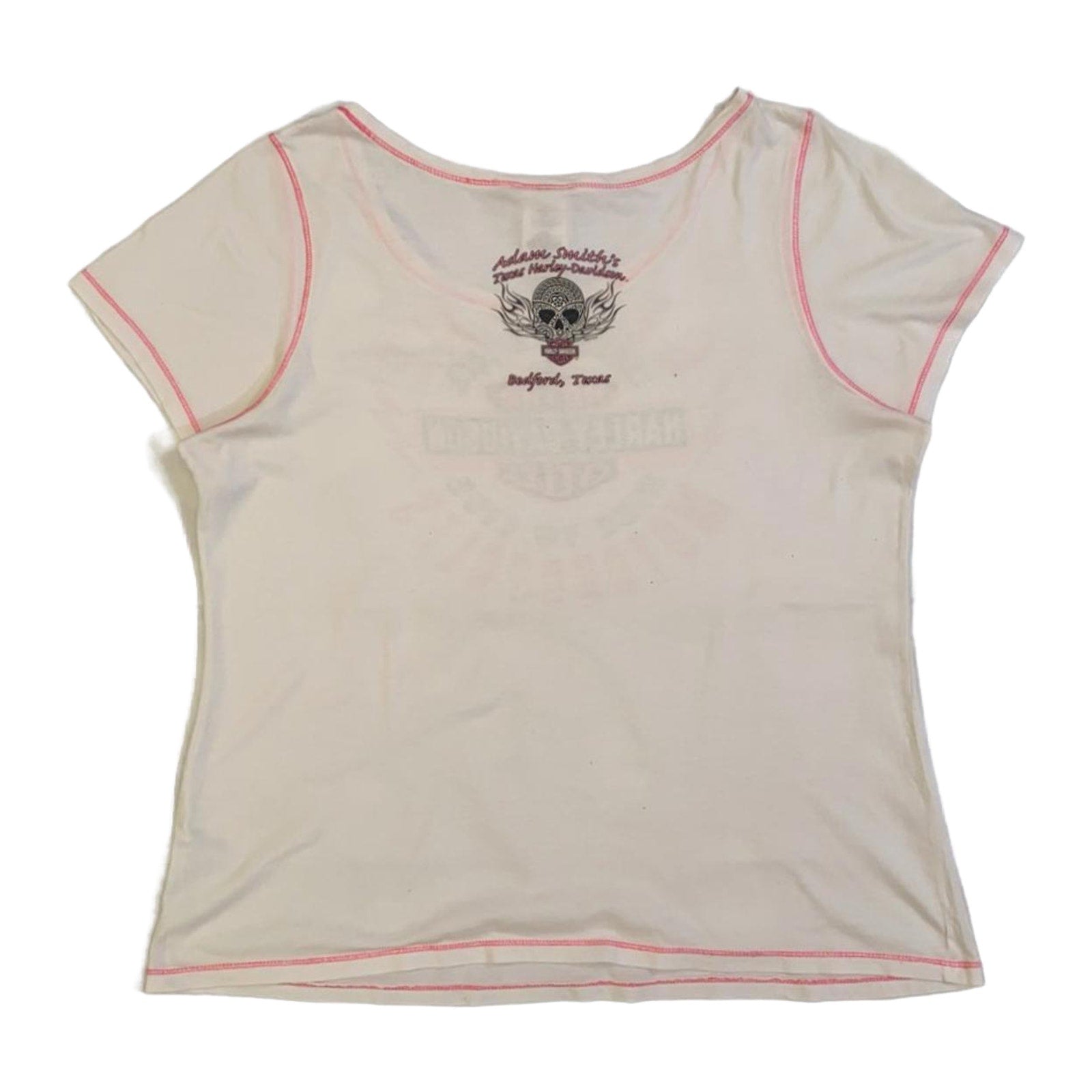Harley Davidson Flame Skull Pink Stitch Baby Doll T Shirt White XL