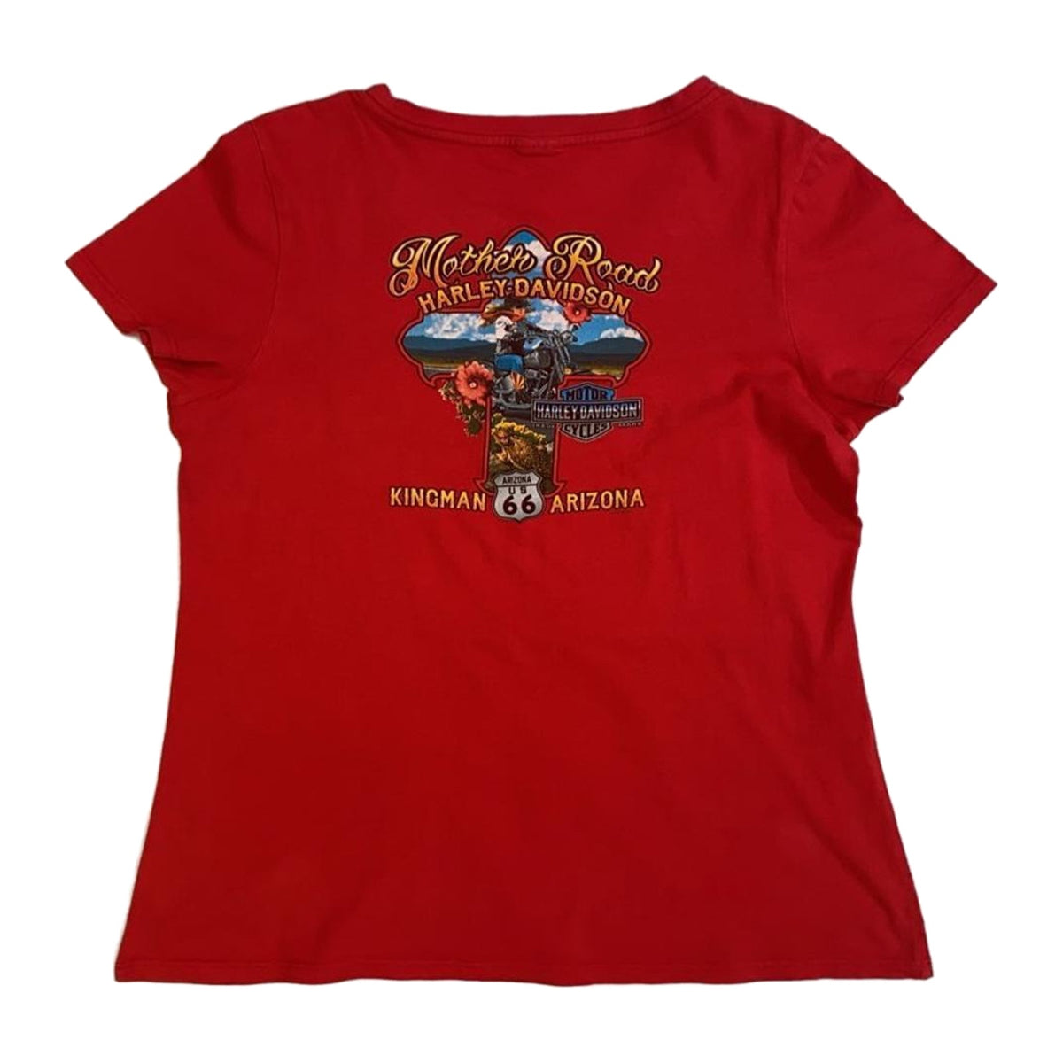 Vintage Harley Davidson Women's Mother Road Stars and Stripes Short Sleeve Red L