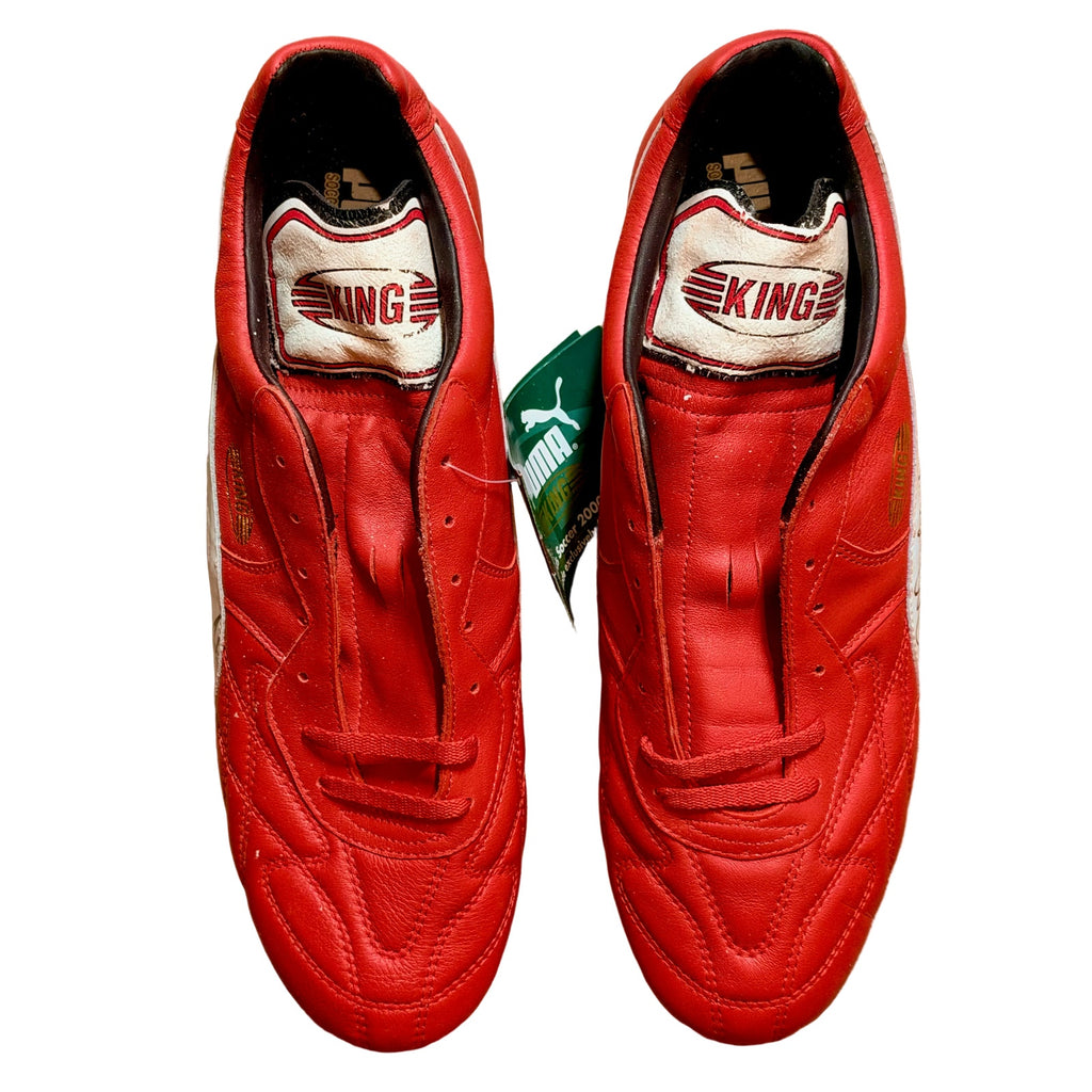 Vintage Puma King OG football boots in red/white, signed on both boots.