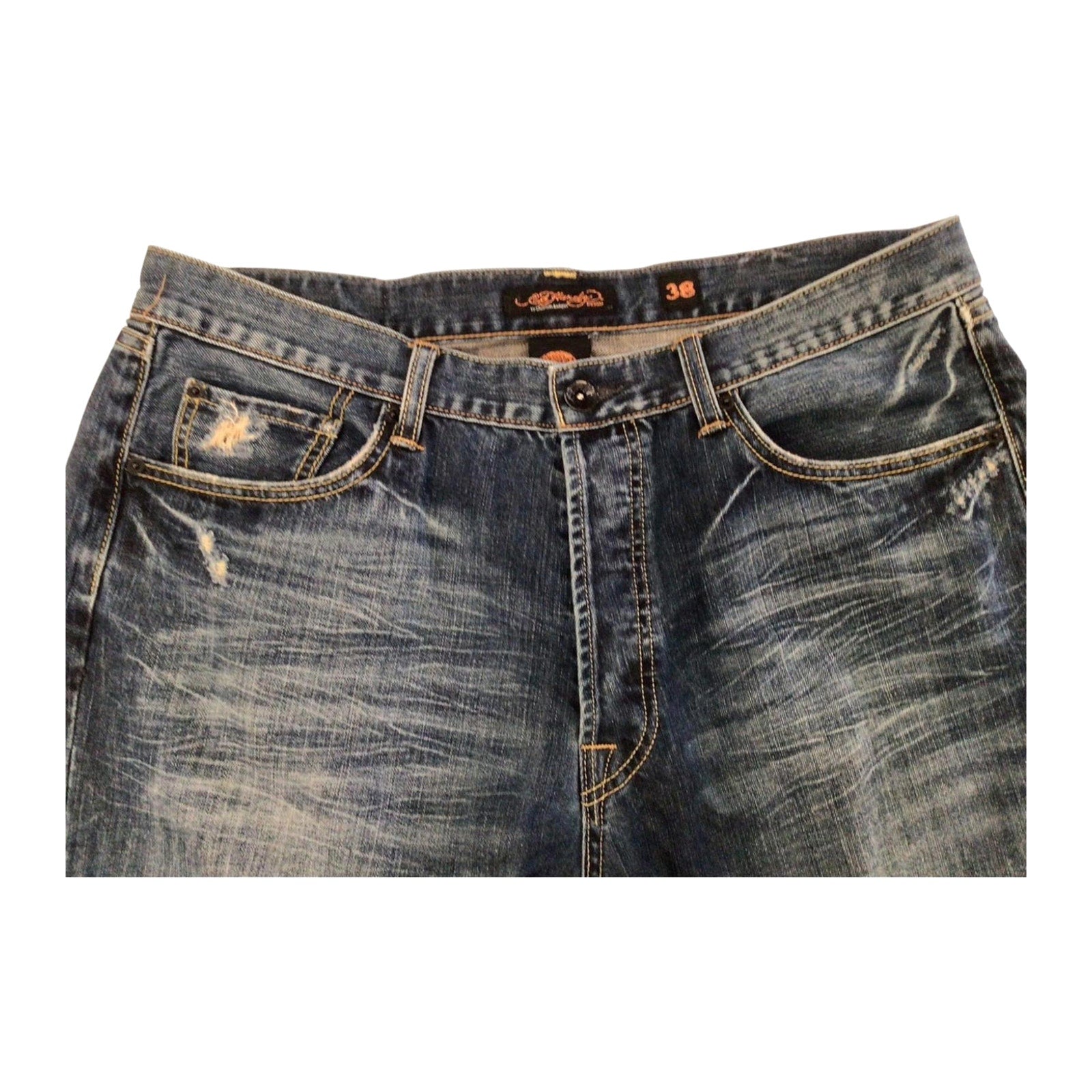 Ed Hardy Y2K Embroidered Distressed Denim Jeans W38 L34