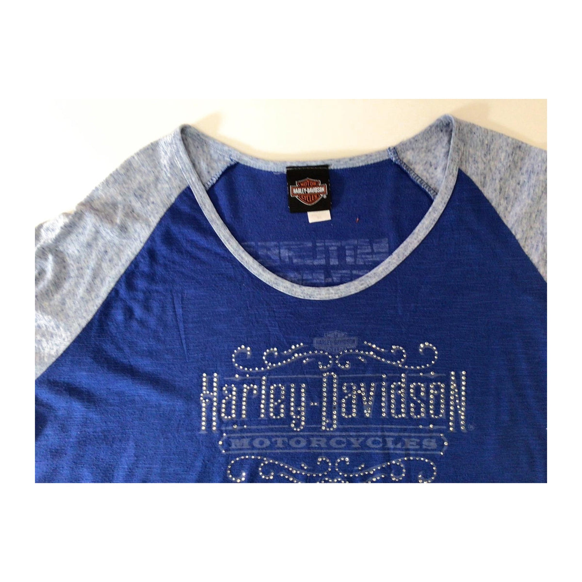 Harley Davidson Women's Bedazzled Western Logo Long Sleeve Baseball Style T Shirt Blue XL